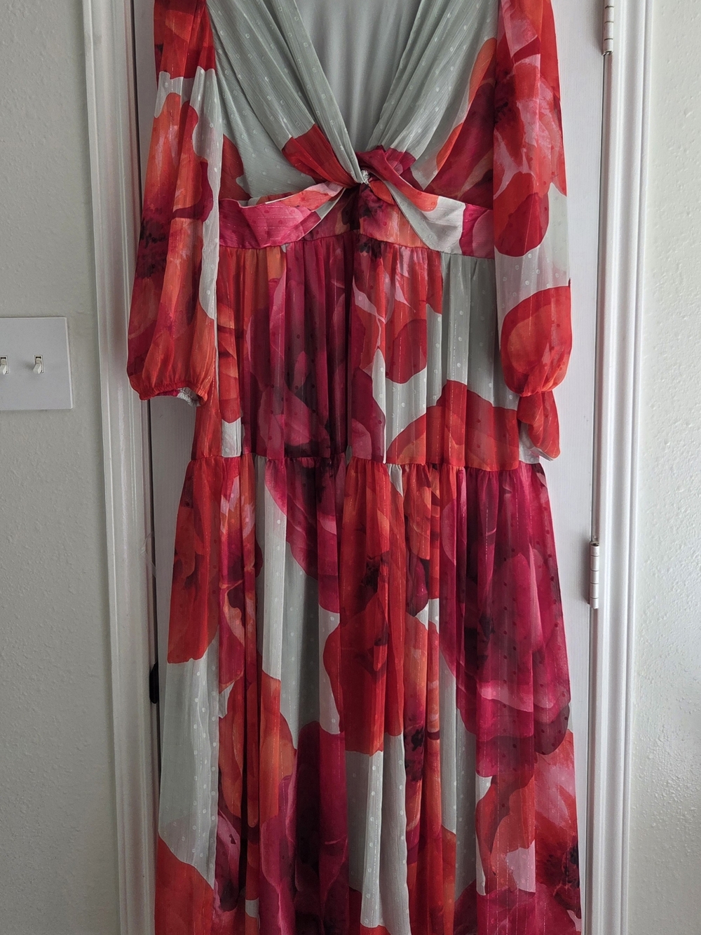 Floral Twist-Front Maxi Dress in Gray and Red-Pink